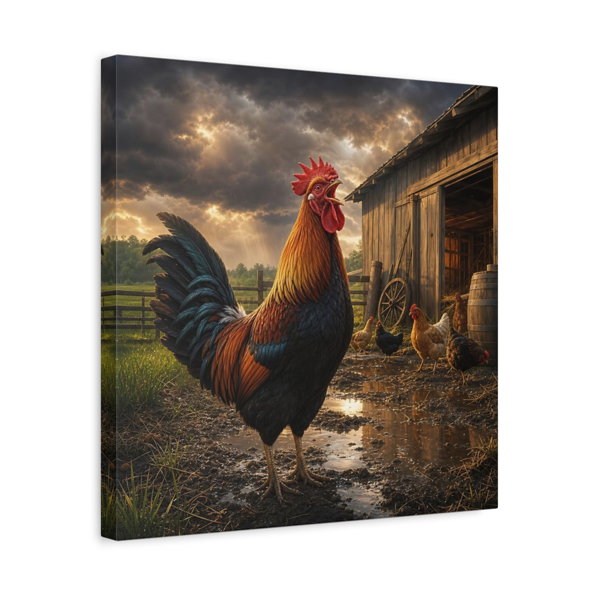 Side Mockup 6. Animals Rooster Rooster Farm shown as stretched canvas wall art