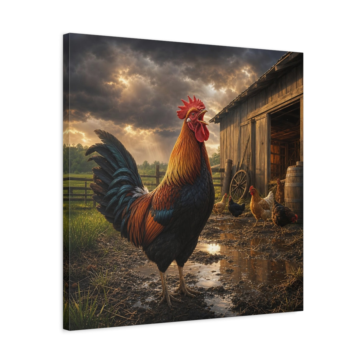 Side Mockup 4. Animals Rooster Rooster Farm shown as stretched canvas wall art