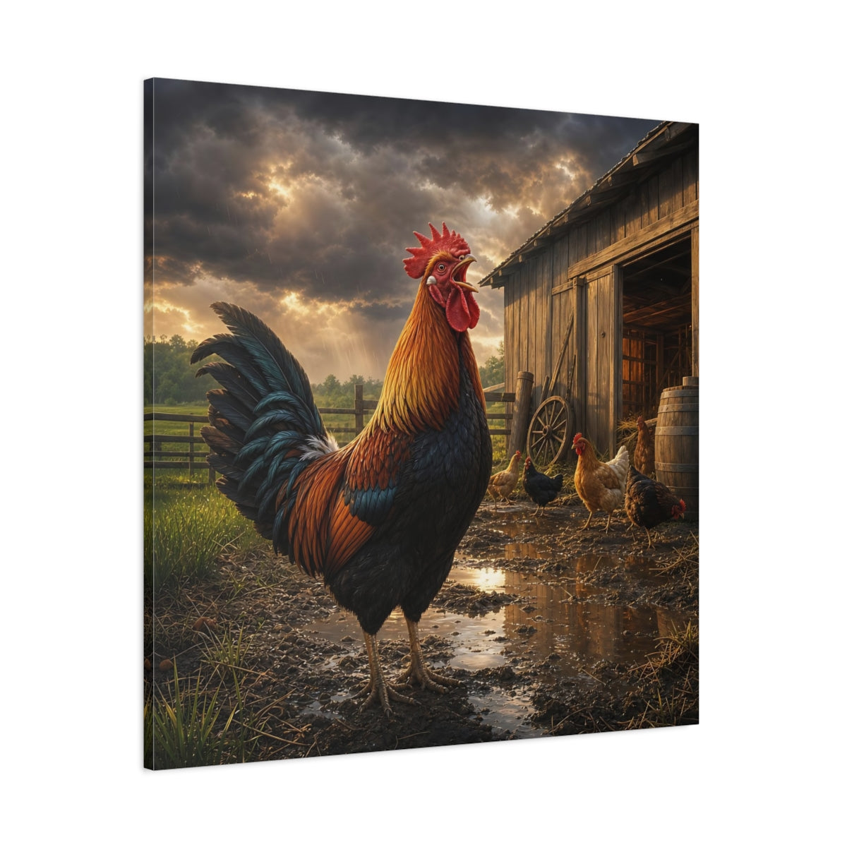 Side Mockup 1. Animals Rooster Rooster Farm shown as stretched canvas wall art
