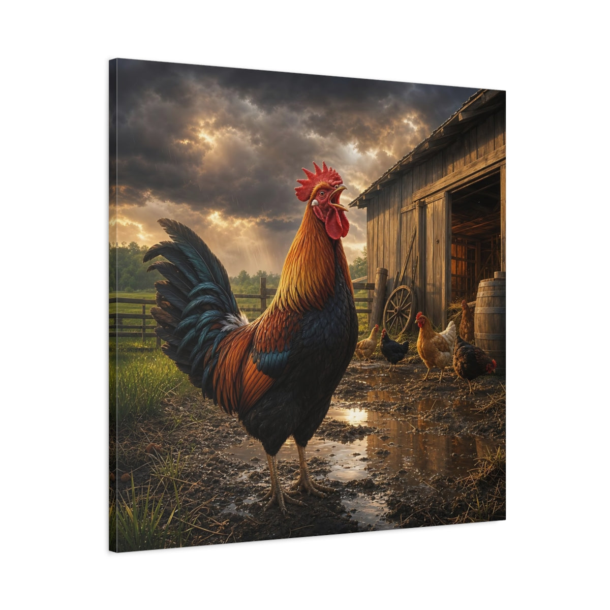 Main Mockup. Animals Rooster Rooster Farm shown as stretched canvas wall art