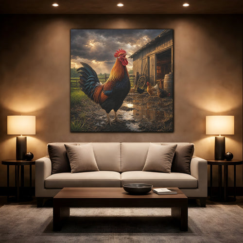 Mockup 2. Animals Rooster Rooster Farm shown as stretched canvas wall art