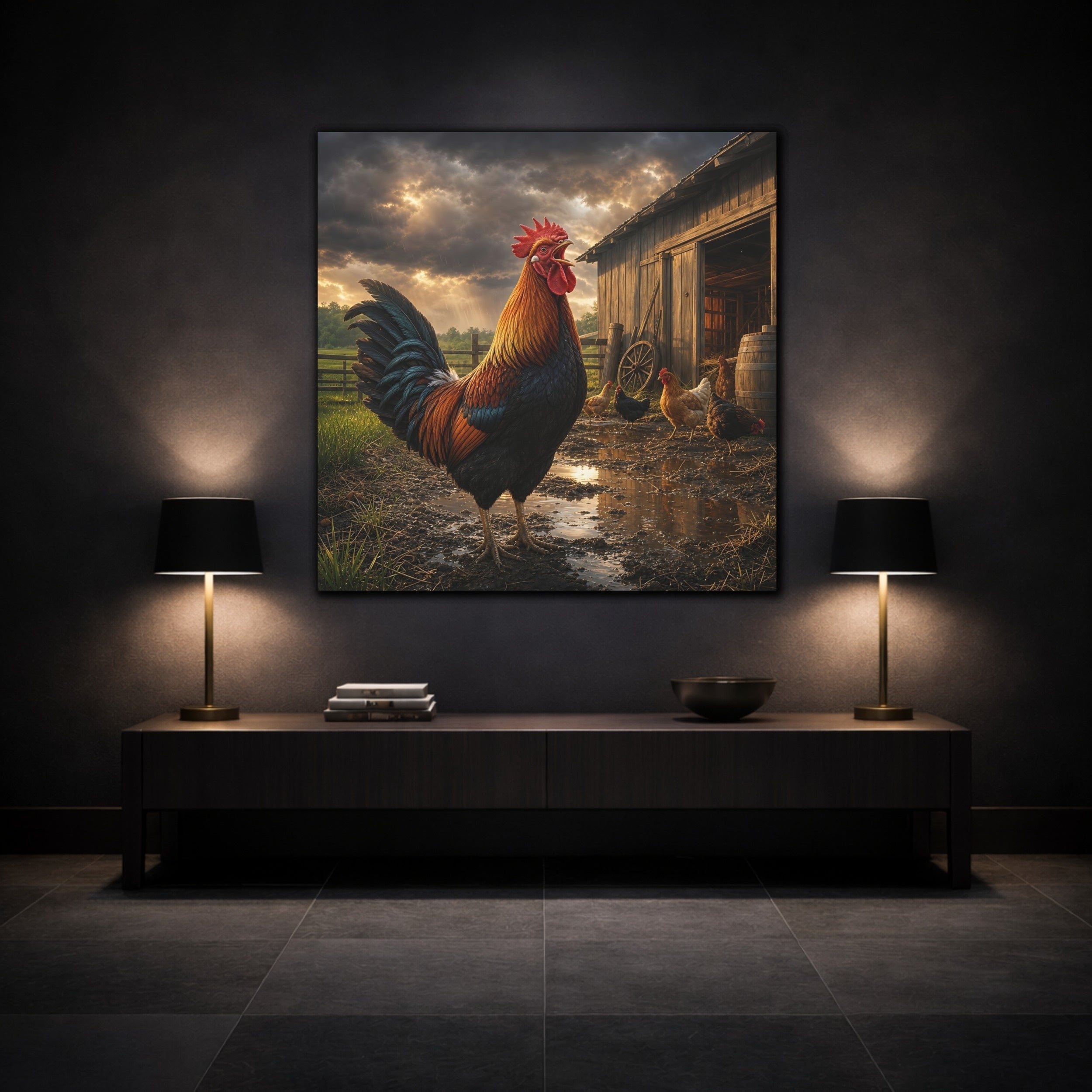 Mockup 3. Animals Rooster Rooster Farm shown as stretched canvas wall art