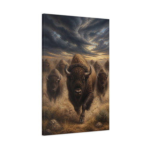 Main Mockup. Animals Running Bison Brown Bison shown as stretched canvas wall art