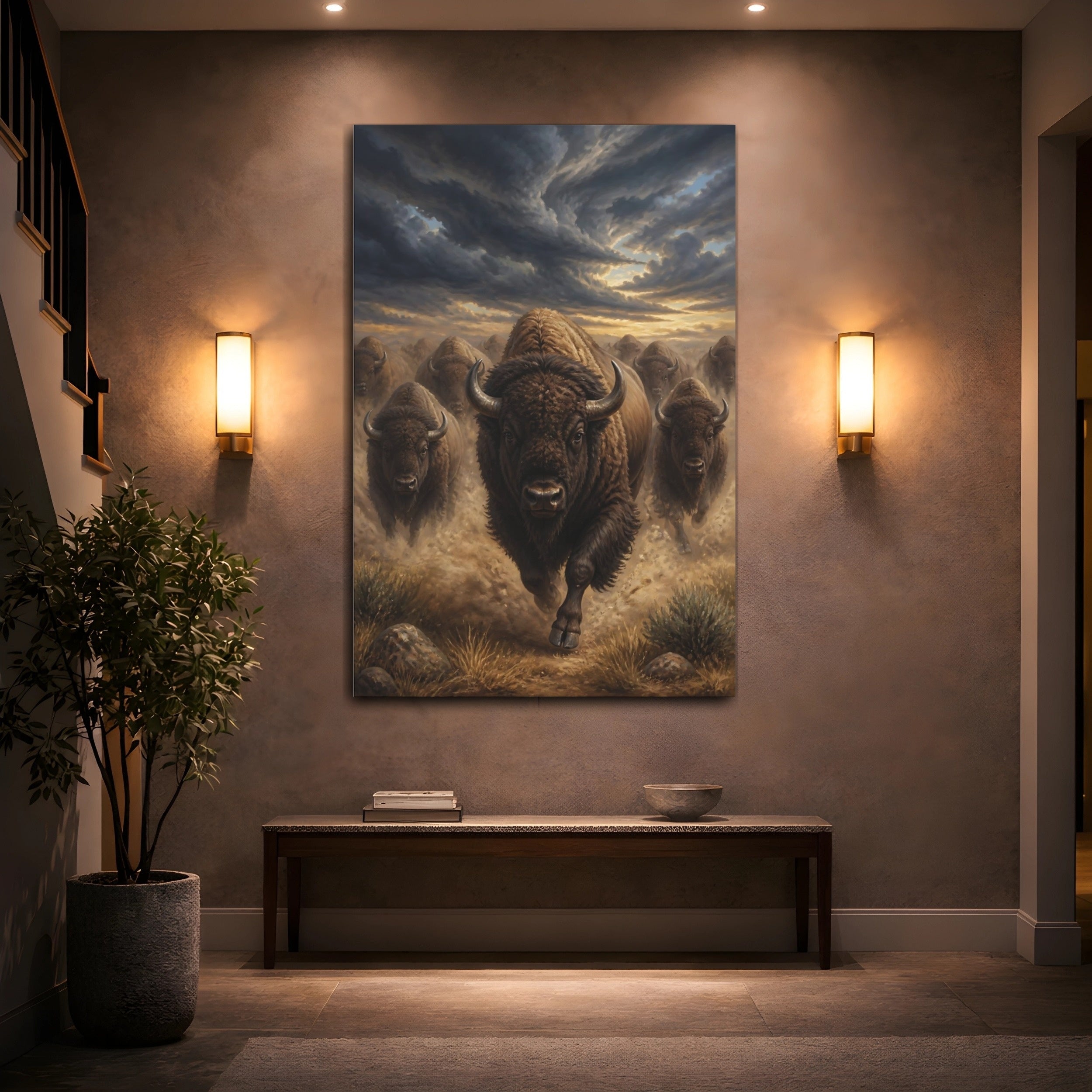 Mockup 2. Animals Running Bison Brown Bison shown as stretched canvas wall art