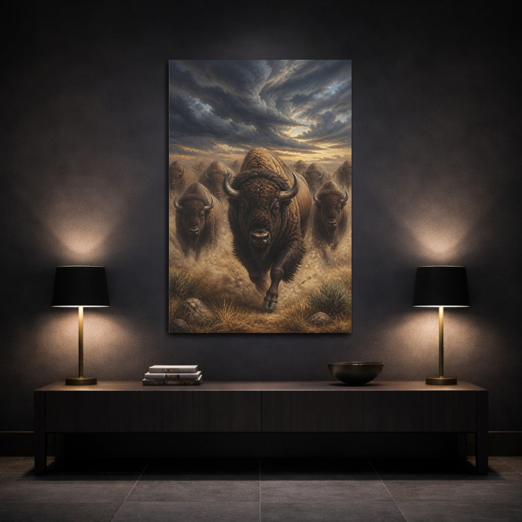 Mockup 3. Animals Running Bison Brown Bison shown as stretched canvas wall art