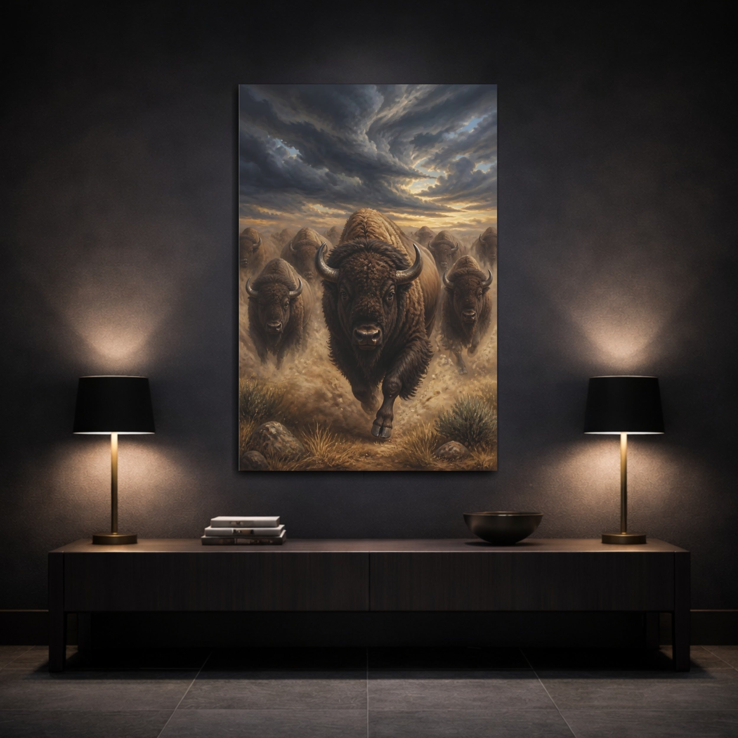 Mockup 3. Animals Running Bison Brown Bison shown as stretched canvas wall art