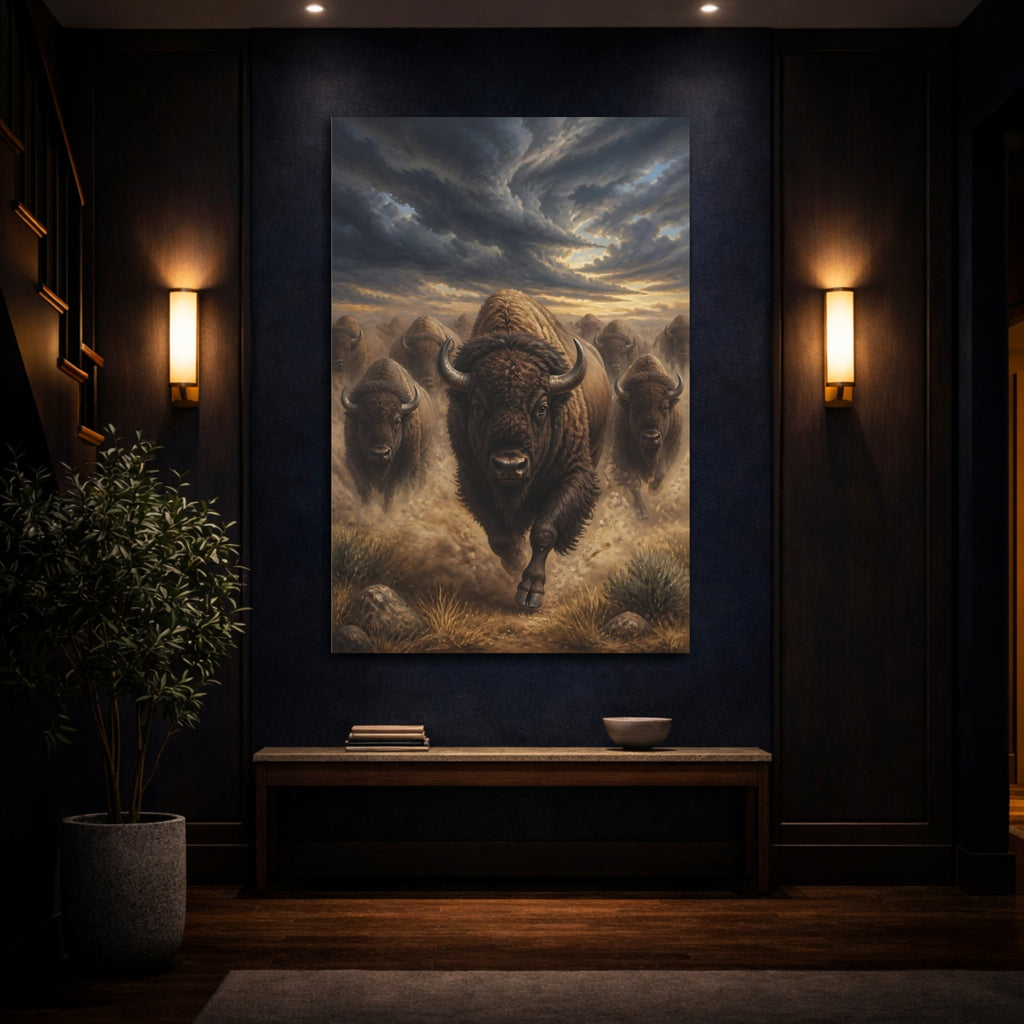 Mockup 4. Animals Running Bison Brown Bison shown as stretched canvas wall art