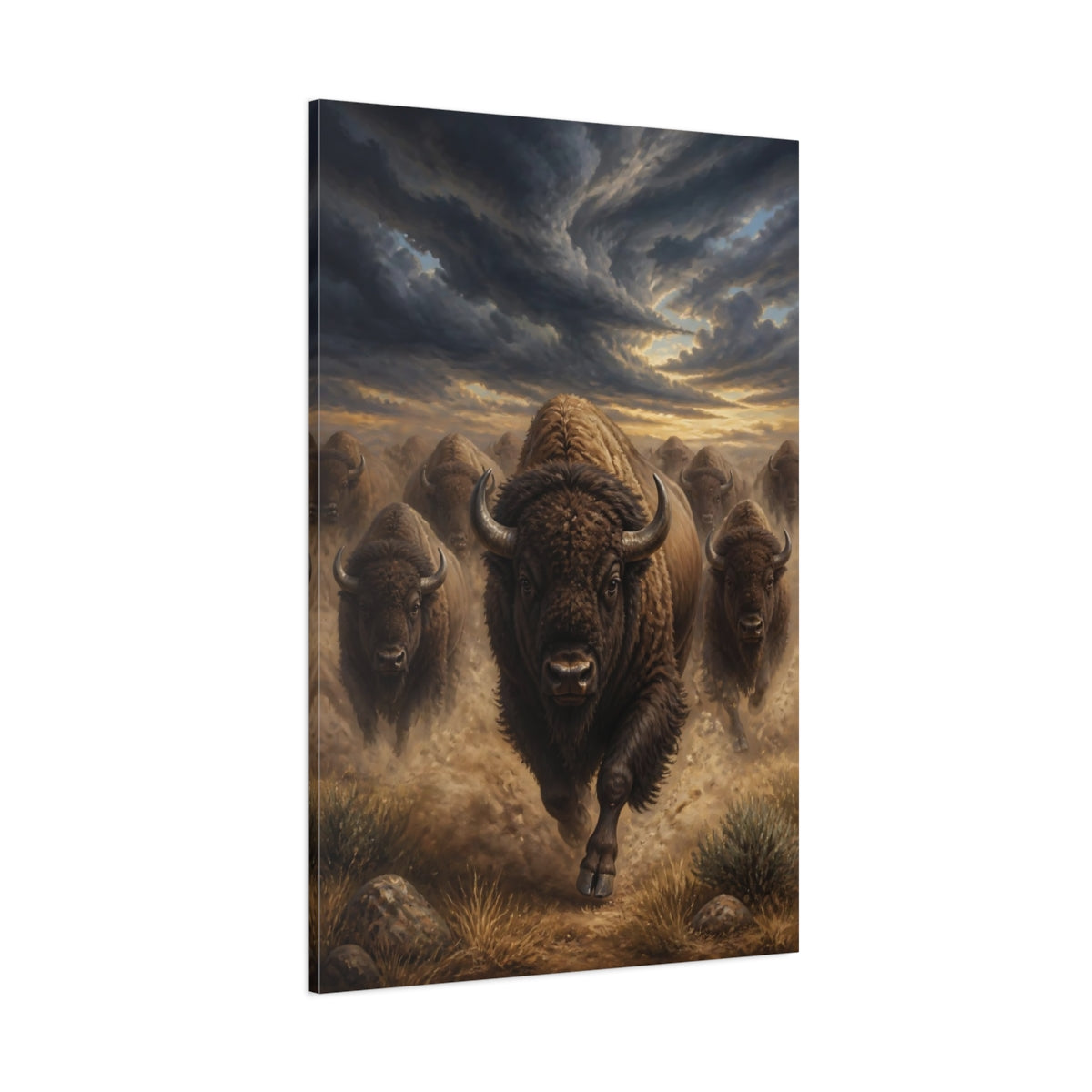 Side Mockup 1. Animals Running Bison Brown Bison shown as stretched canvas wall art