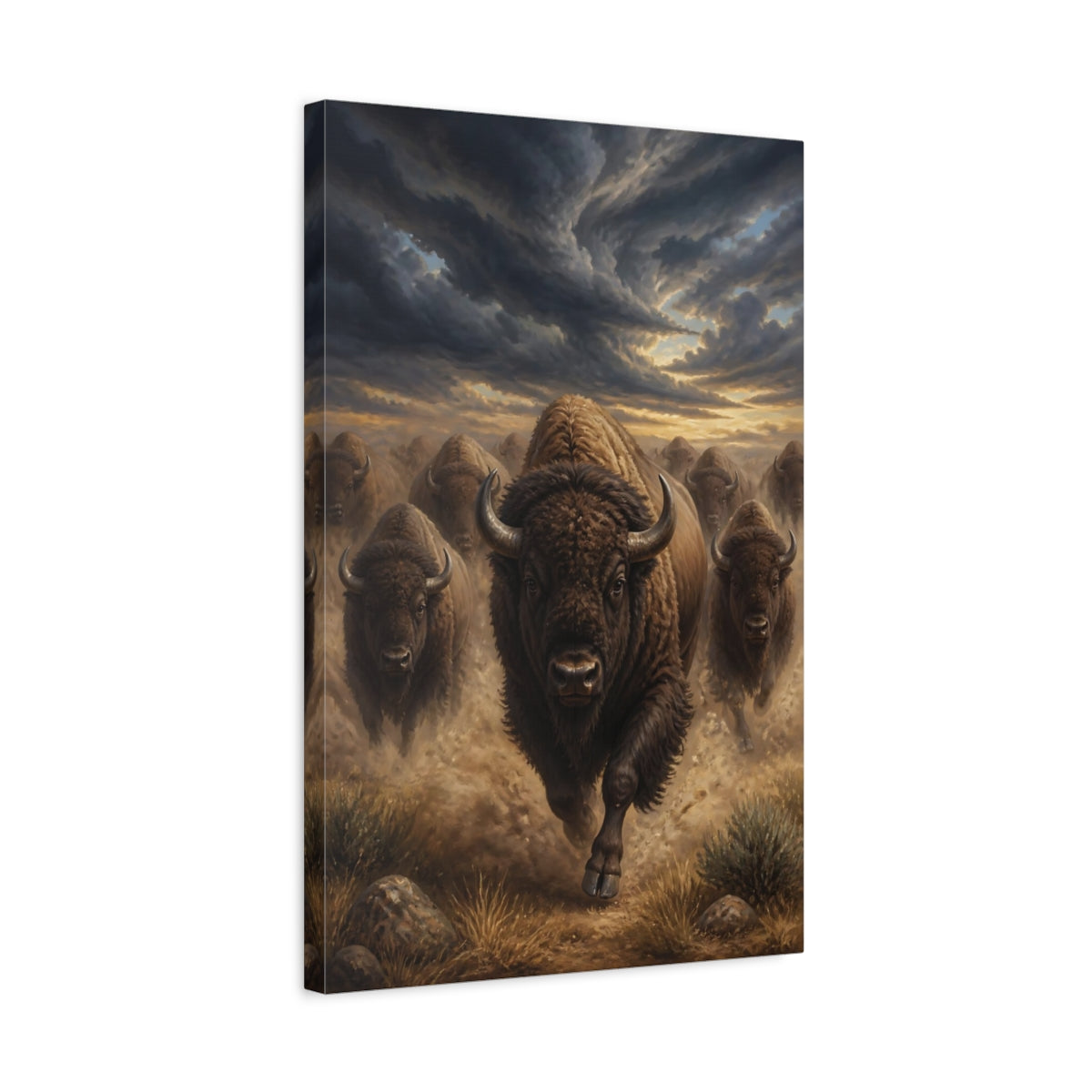 Side Mockup 3. Animals Running Bison Brown Bison shown as stretched canvas wall art