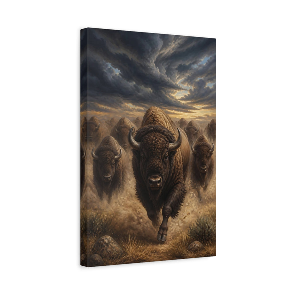 Side Mockup 4. Animals Running Bison Brown Bison shown as stretched canvas wall art