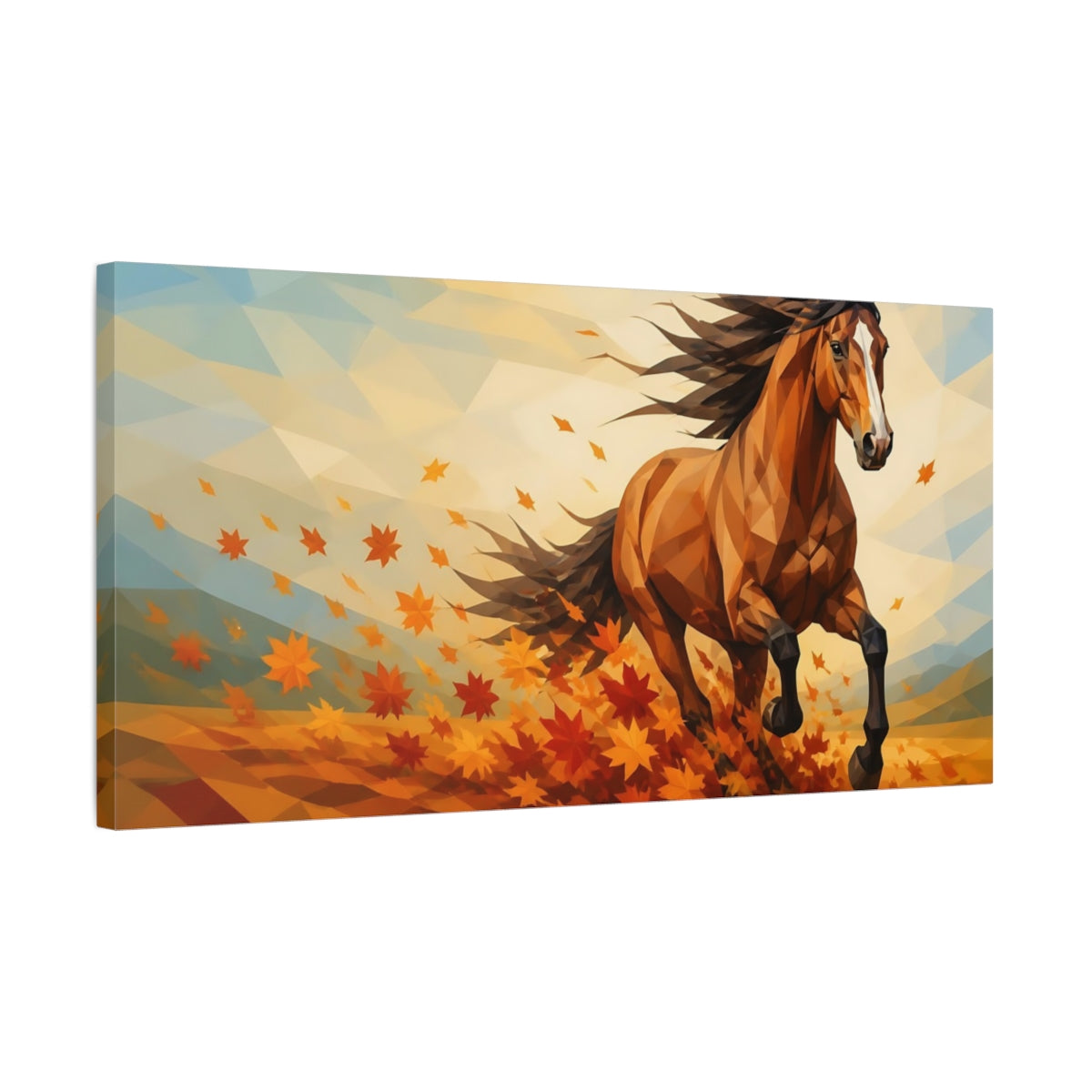 Side Mockup 1. Animals Running Horse Autumn Horse shown as stretched canvas wall art