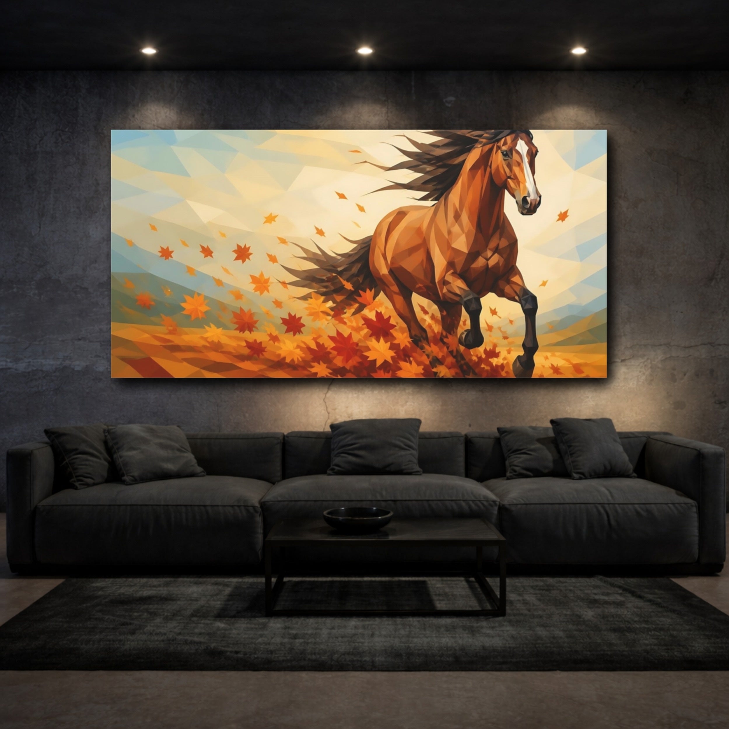 Mockup 3. Animals Running Horse Autumn Horse shown as stretched canvas wall art