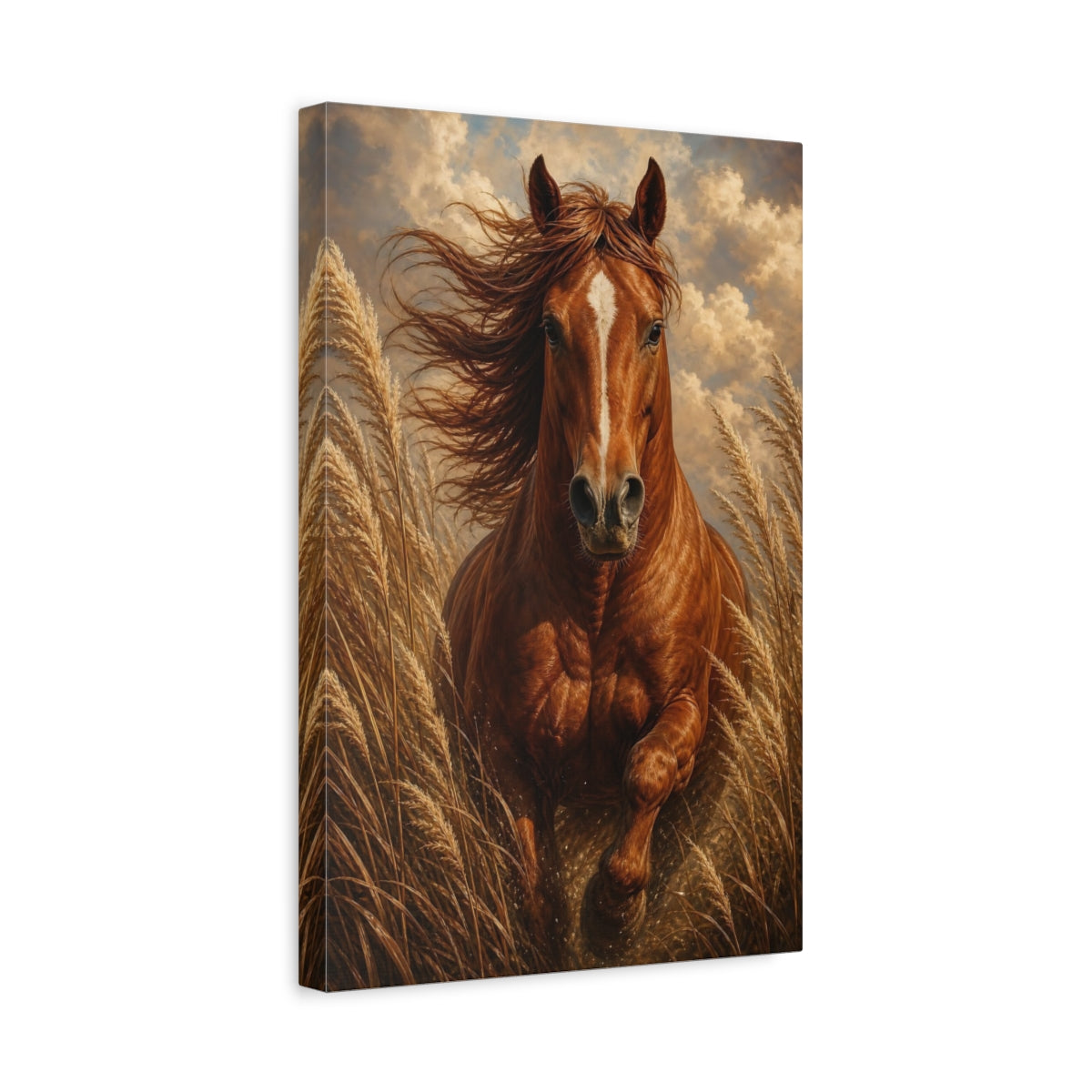 Side Mockup 4. Animals Running Horse Brown Horse shown as stretched canvas wall art