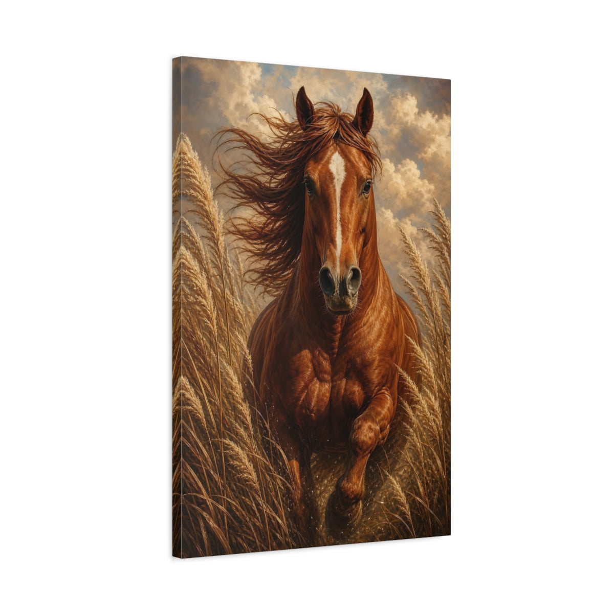 Side Mockup 2. Animals Running Horse Brown Horse shown as stretched canvas wall art