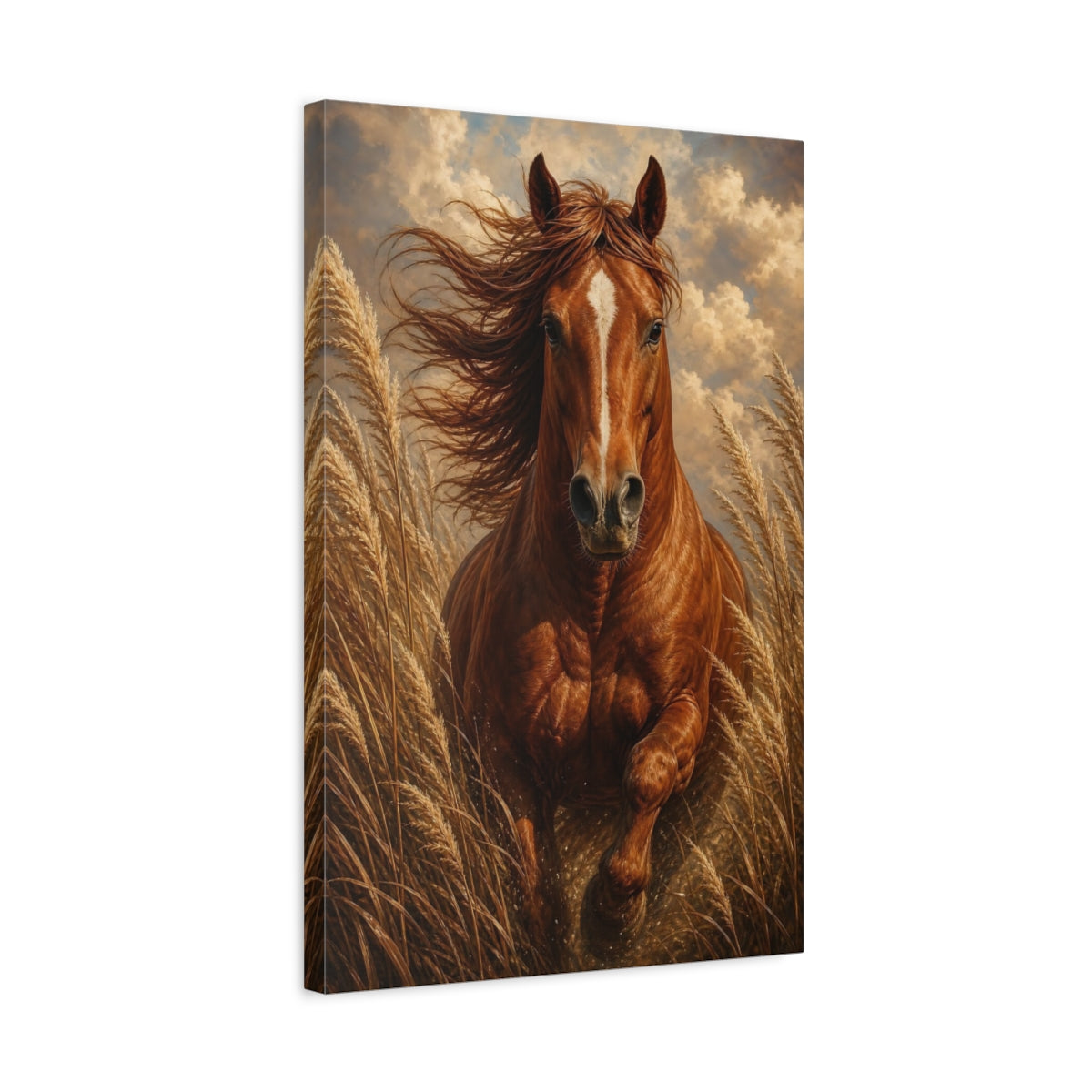 Side Mockup 3. Animals Running Horse Brown Horse shown as stretched canvas wall art
