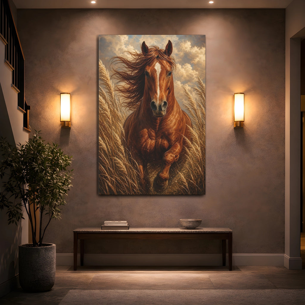 Mockup 2. Animals Running Horse Brown Horse shown as stretched canvas wall art
