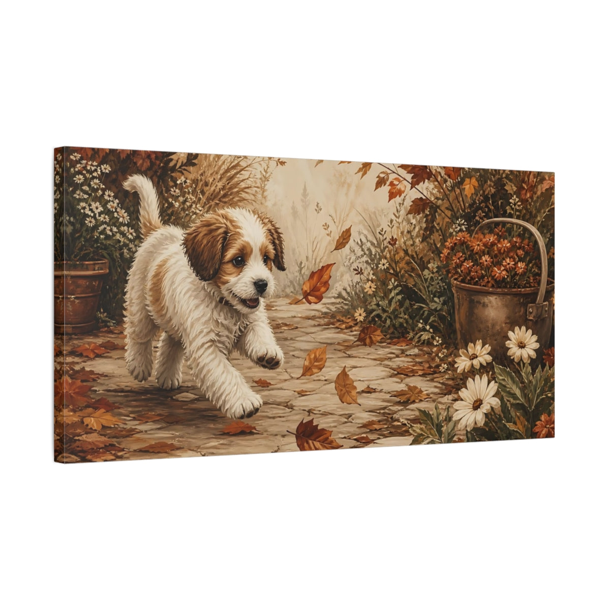 Side Mockup 1. Animals Running Puppy Brown And White Puppy shown as stretched canvas wall art