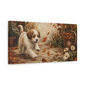 Side Mockup 3. Animals Running Puppy Brown And White Puppy shown as stretched canvas wall art