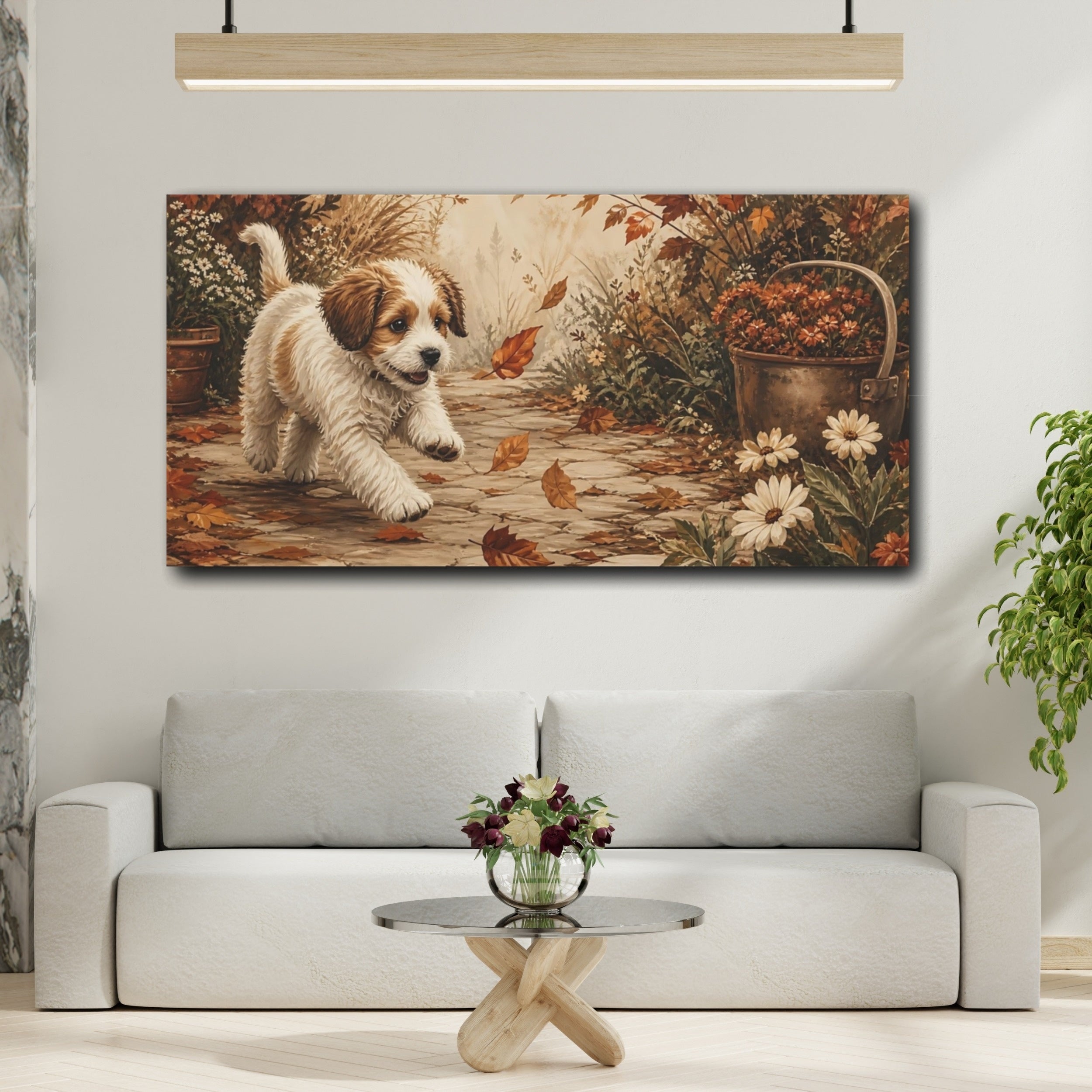 Mockup 2. Animals Running Puppy Brown And White Puppy shown as stretched canvas wall art