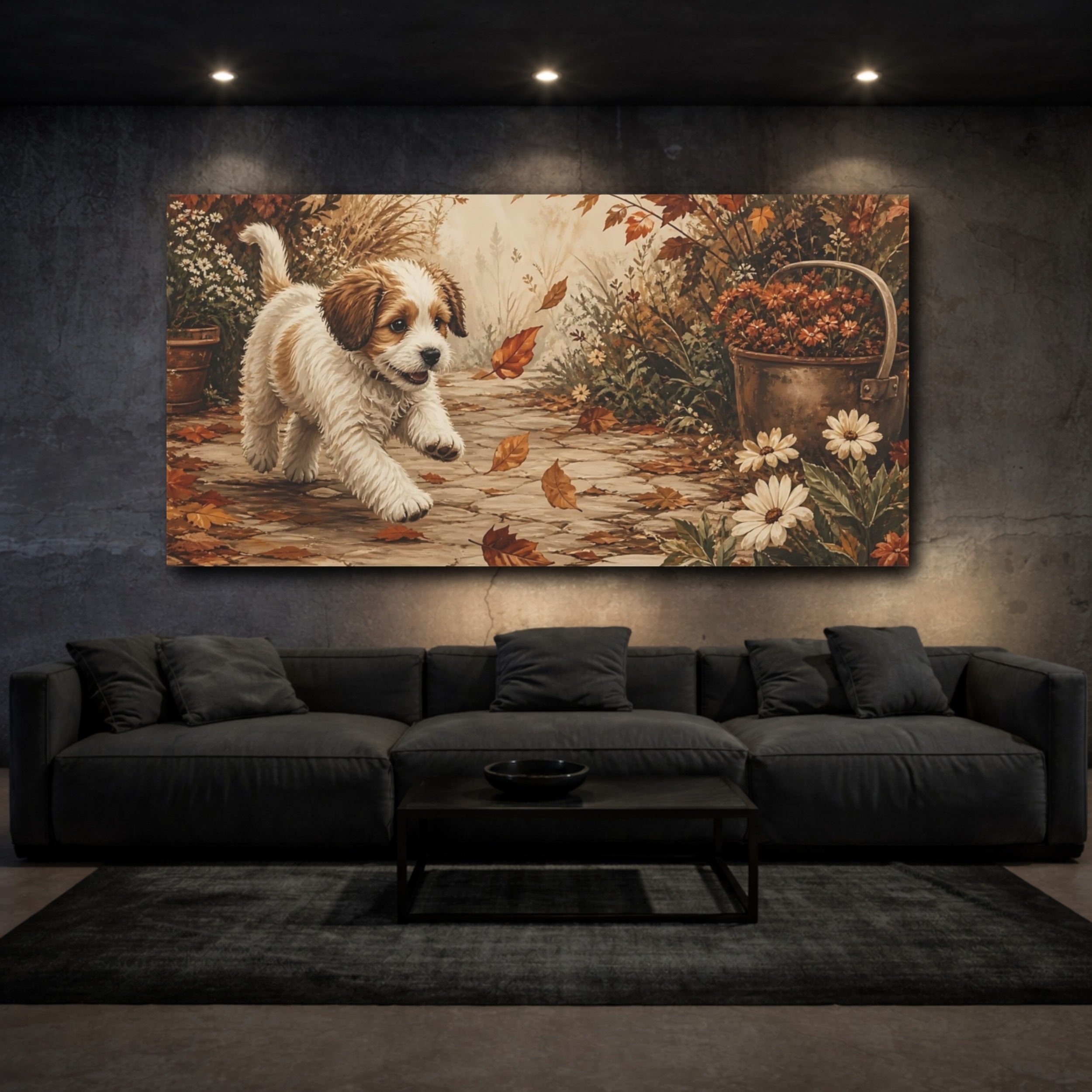 Mockup 3. Animals Running Puppy Brown And White Puppy shown as stretched canvas wall art