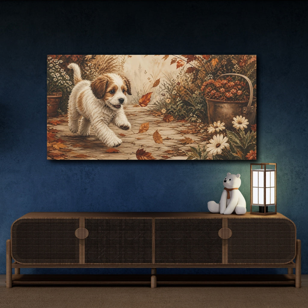 Mockup 4. Animals Running Puppy Brown And White Puppy shown as stretched canvas wall art