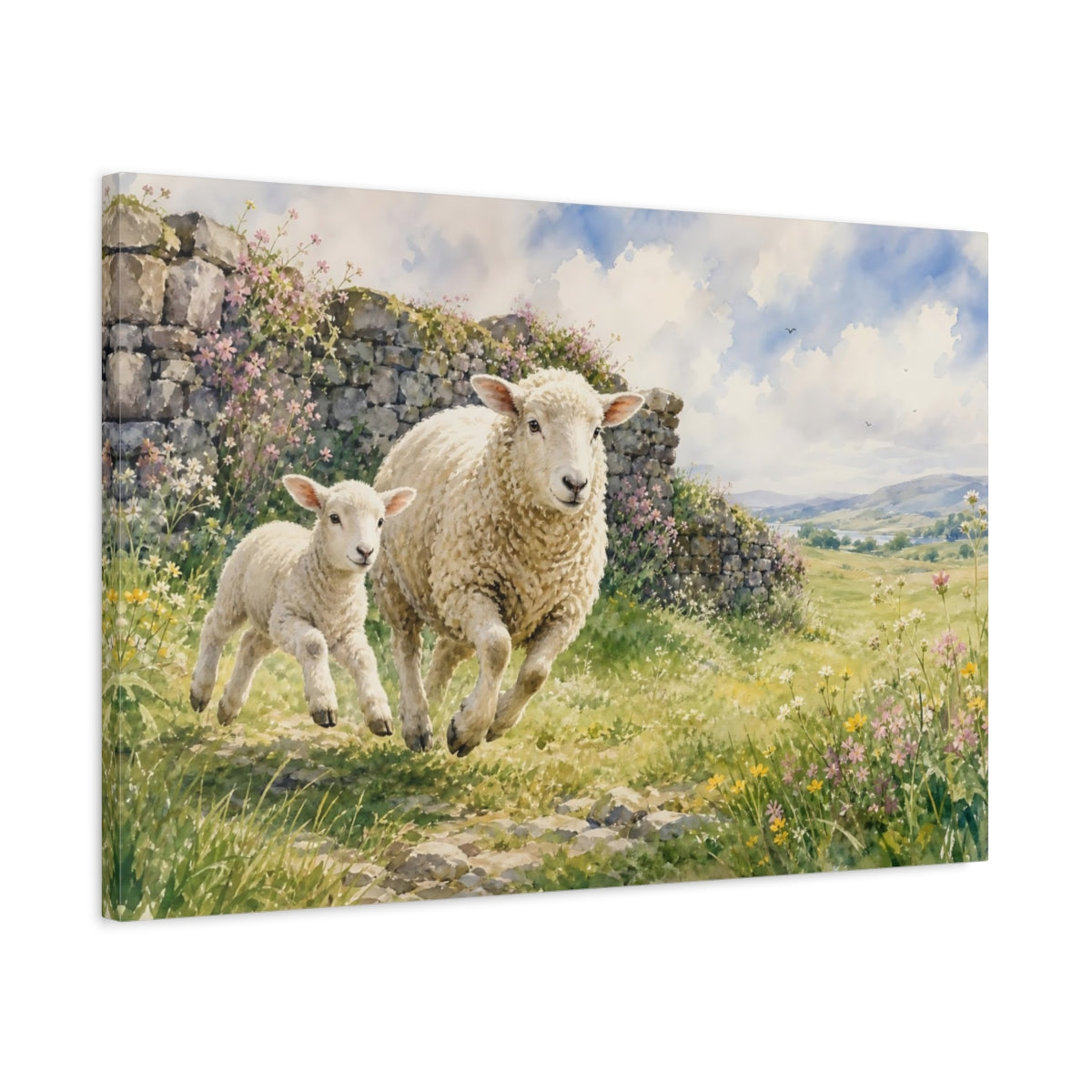 Side Mockup 2. Animals Running Sheep Pastoral Sheep shown as canvas print