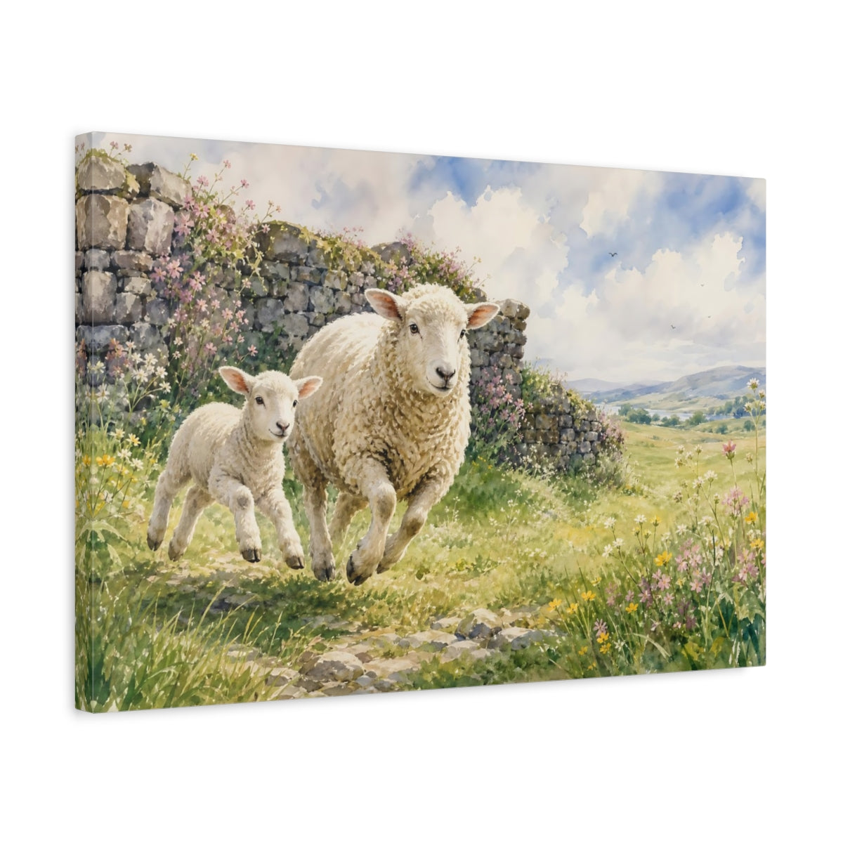 Side Mockup 3. Animals Running Sheep Pastoral Sheep shown as canvas print