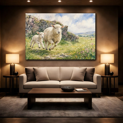Mockup 2. Animals Running Sheep Pastoral Sheep shown as canvas print