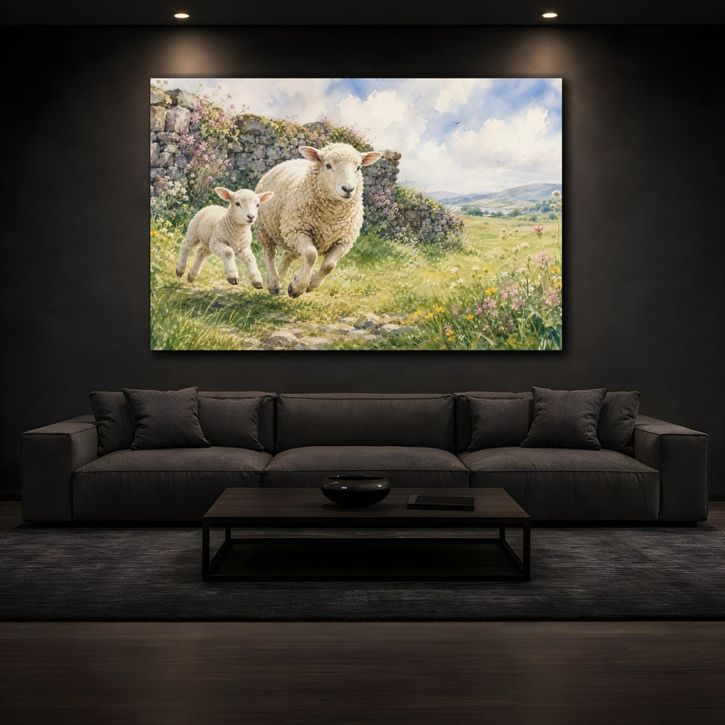 Mockup 3. Animals Running Sheep Pastoral Sheep shown as canvas print