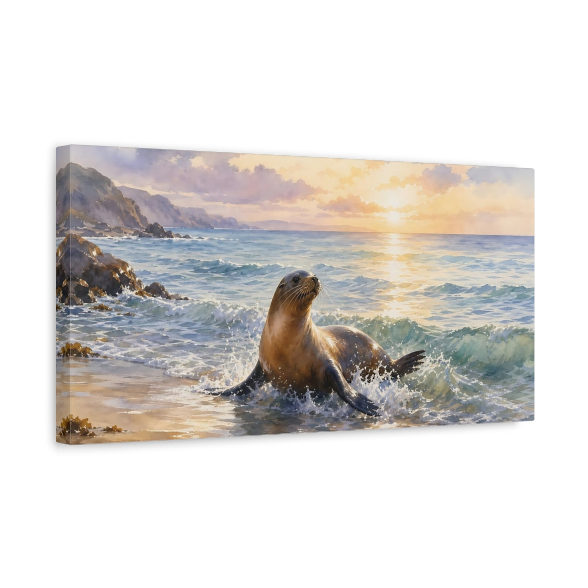 Side Mockup 3. Animals Sea Lion Sea Lion Beach shown as stretched canvas wall art