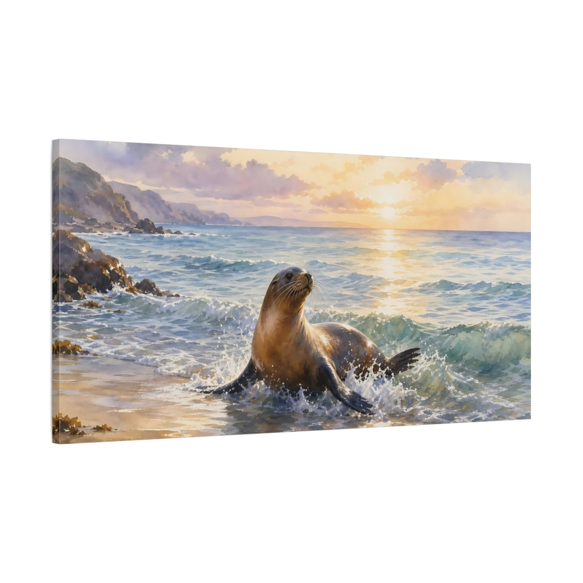 Main Mockup. Animals Sea Lion Sea Lion Beach shown as stretched canvas wall art