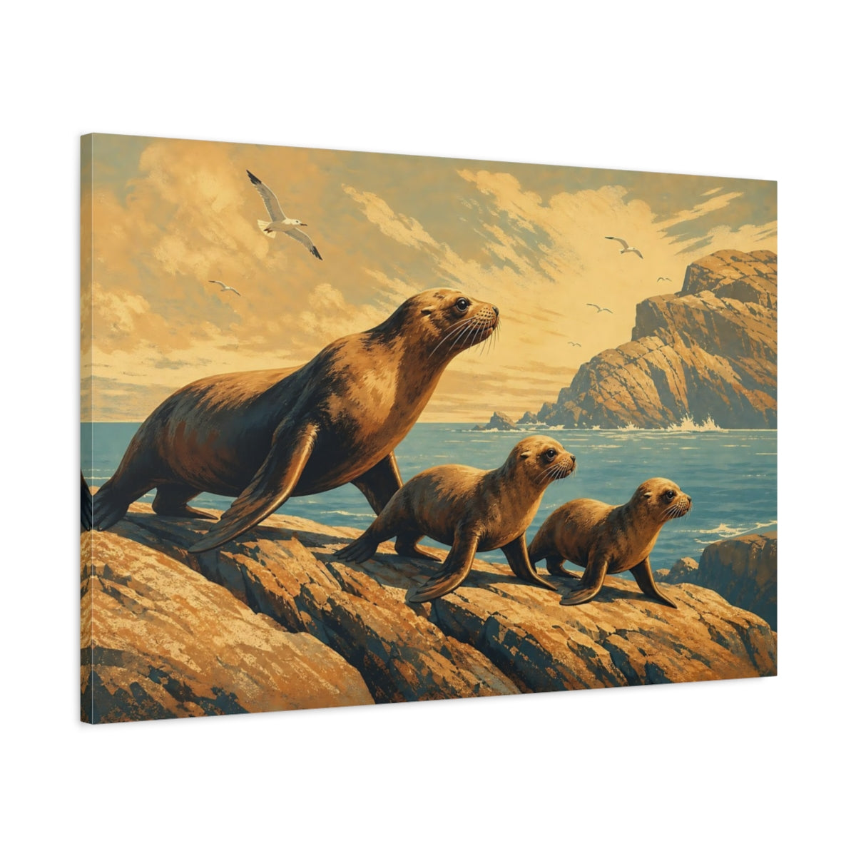 Main Mockup. Animals Sea Lions Brown Blue Animals shown as canvas print