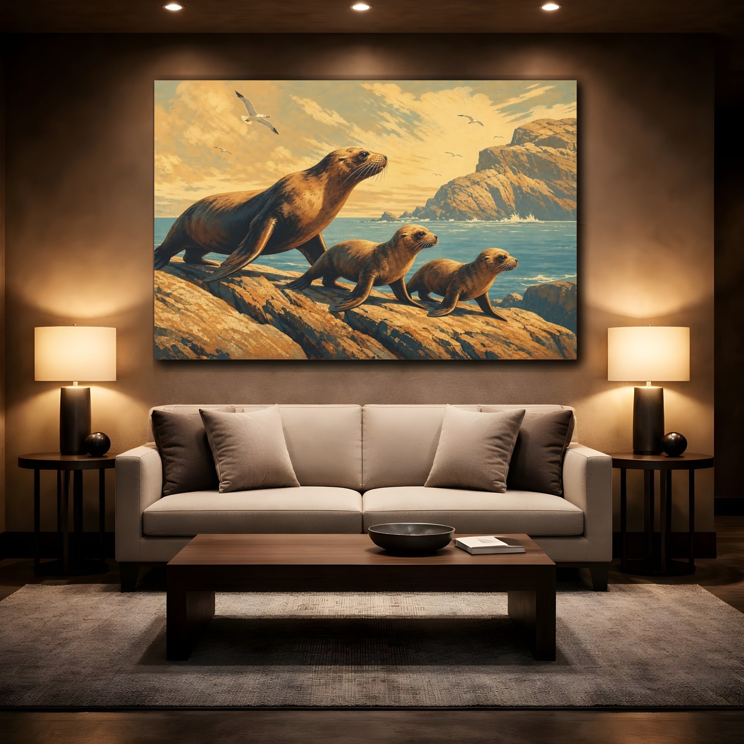 Mockup 2. Animals Sea Lions Brown Blue Animals shown as canvas print