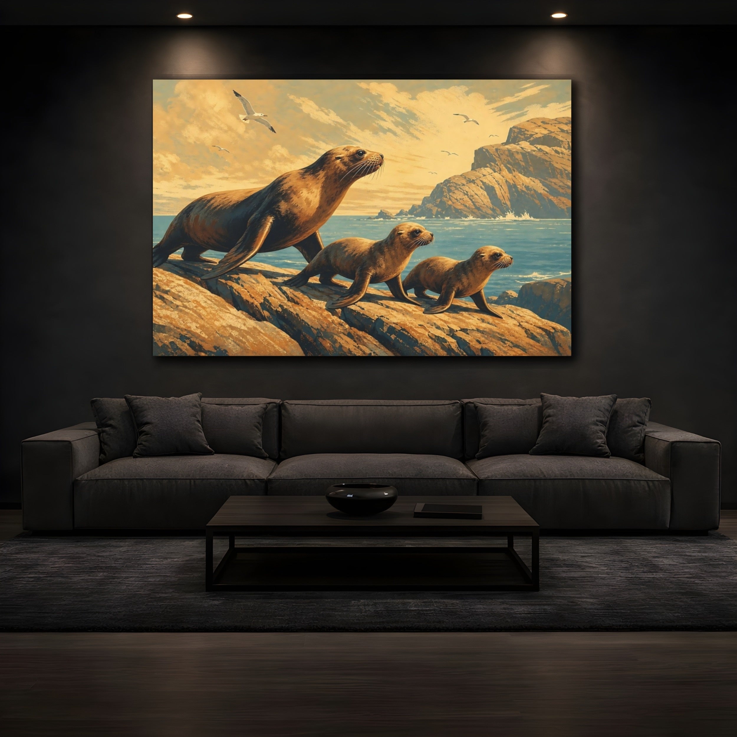 Mockup 3. Animals Sea Lions Brown Blue Animals shown as canvas print