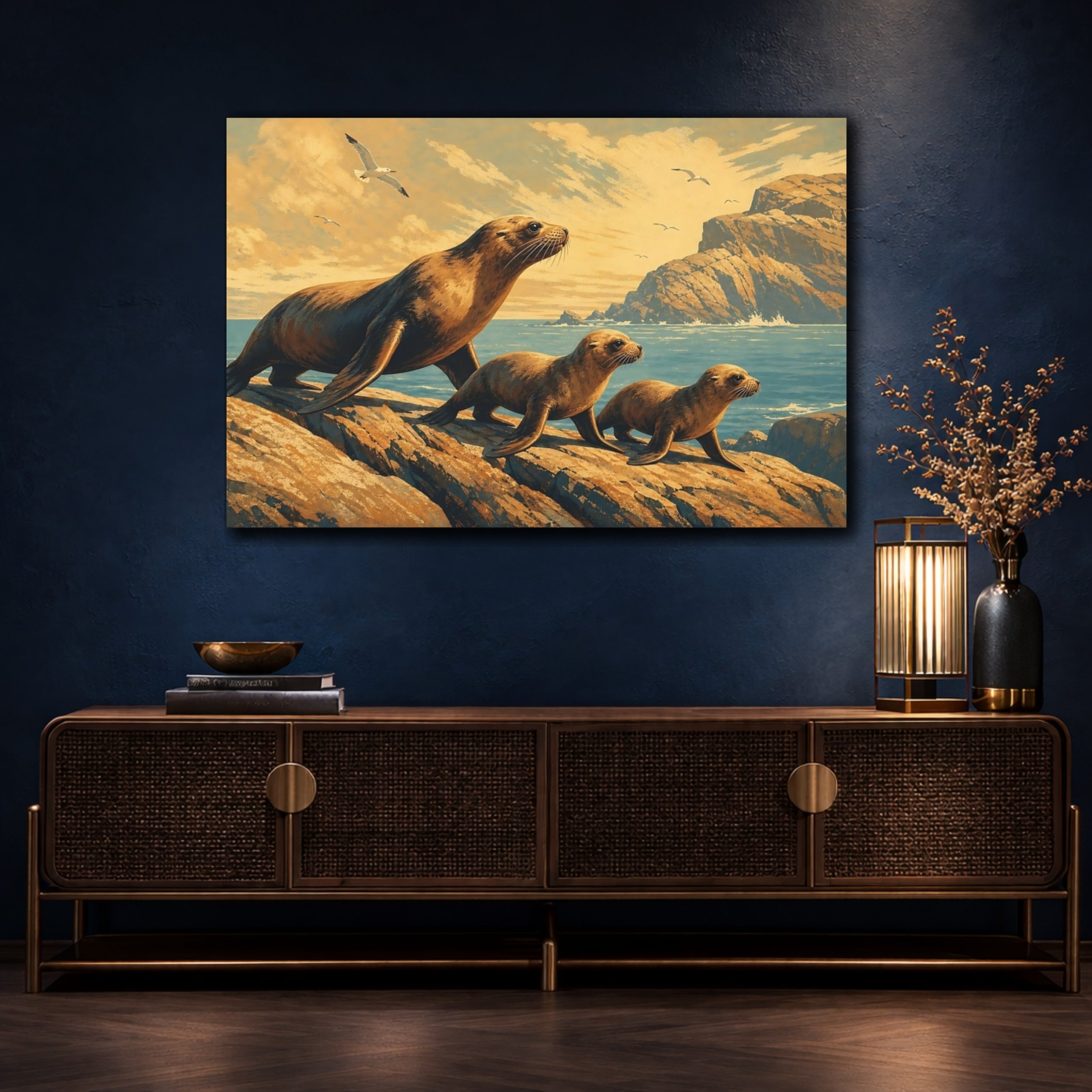Mockup 4. Animals Sea Lions Brown Blue Animals shown as canvas print