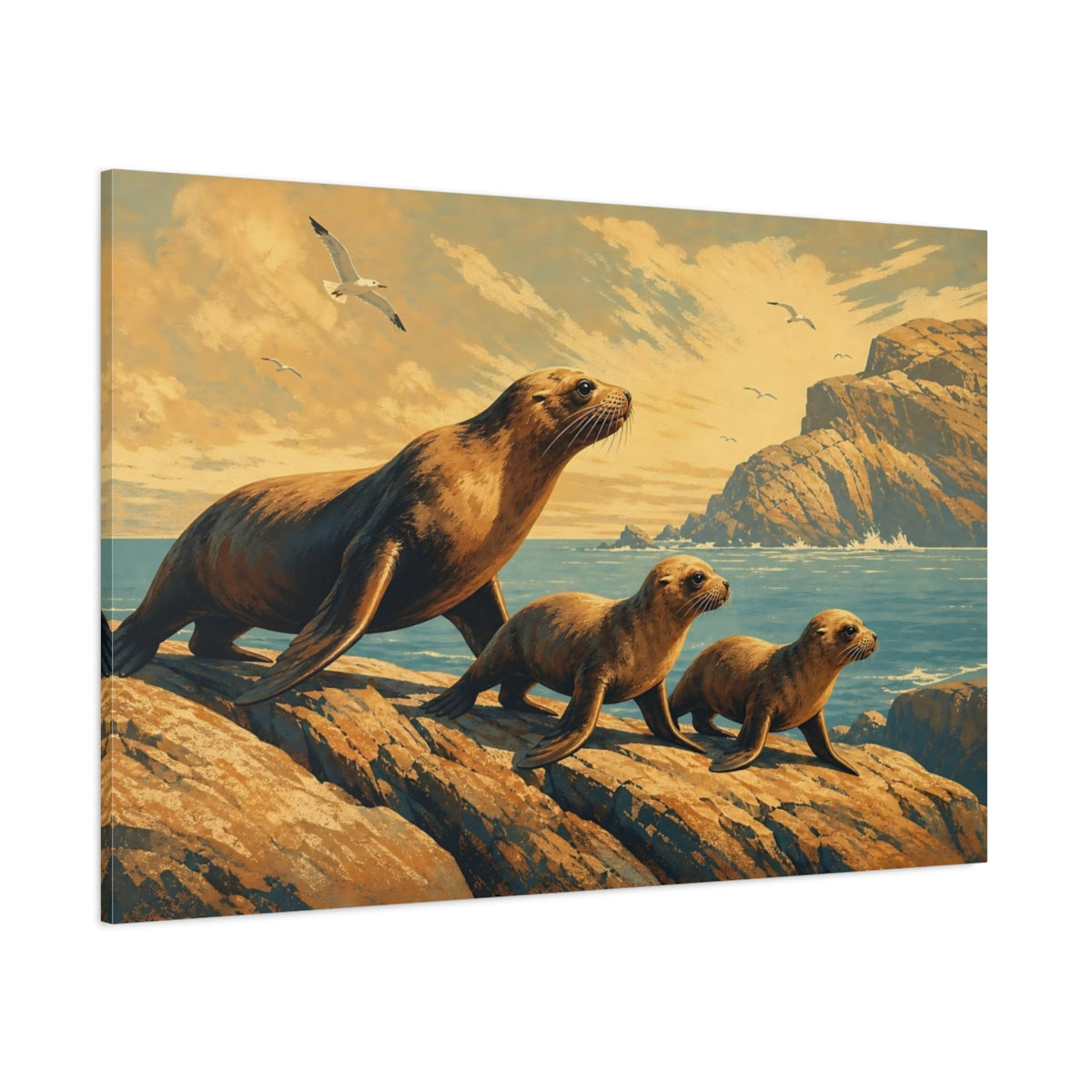 Side Mockup 1. Animals Sea Lions Brown Blue Animals shown as canvas print