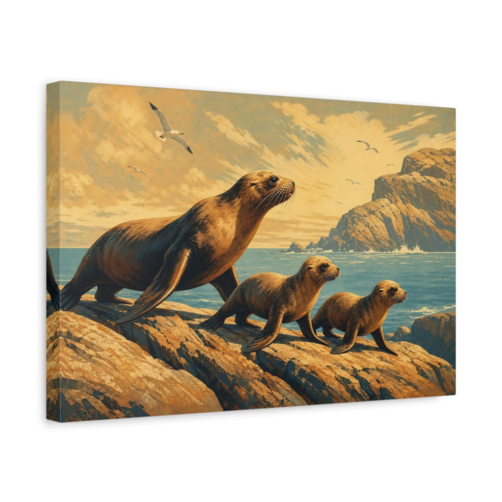Side Mockup 4. Animals Sea Lions Brown Blue Animals shown as canvas print