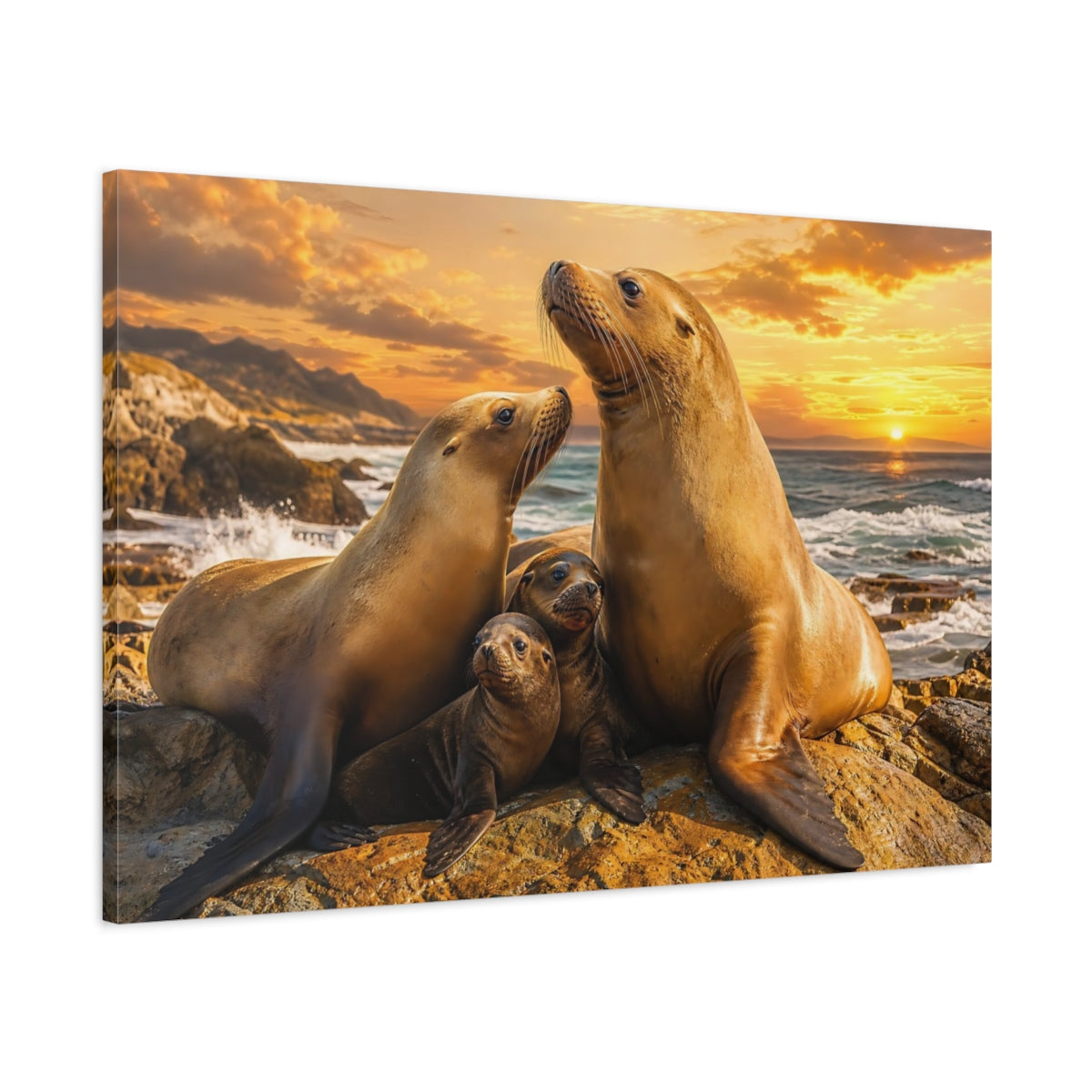 Main Mockup. Animals Sea Lions Warm Ocean Animals shown as stretched canvas wall art