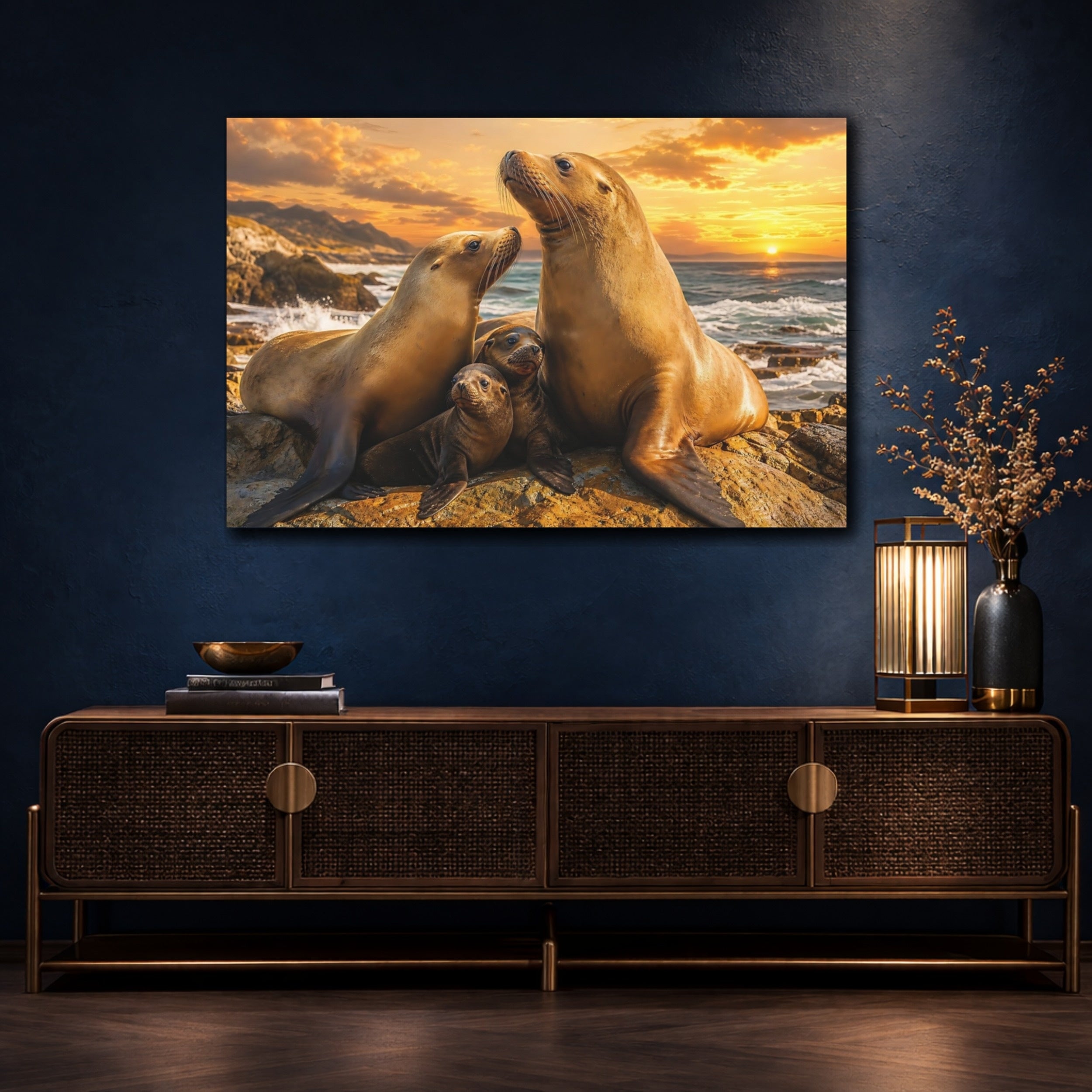 Mockup 4. Animals Sea Lions Warm Ocean Animals shown as stretched canvas wall art