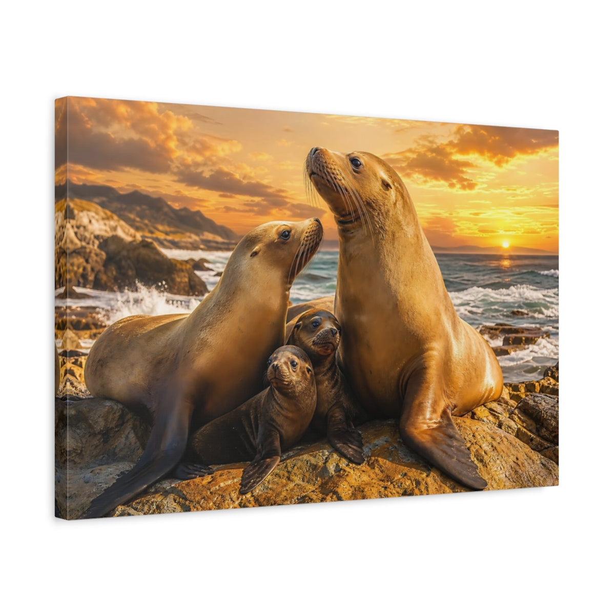 Side Mockup 3. Animals Sea Lions Warm Ocean Animals shown as stretched canvas wall art