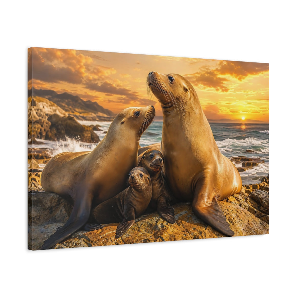 Side Mockup 2. Animals Sea Lions Warm Ocean Animals shown as stretched canvas wall art