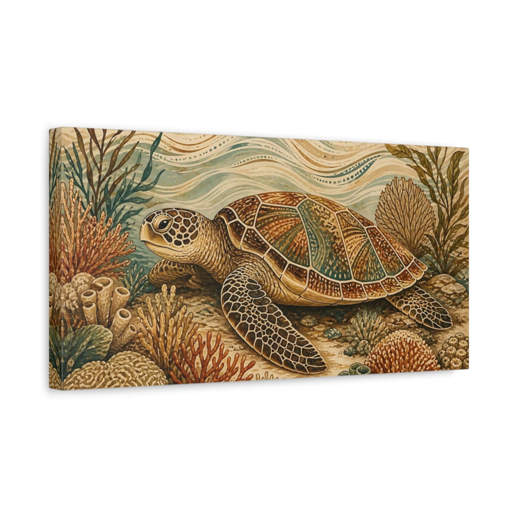 Side Mockup 3. Animals Sea Turtle Brown Blue Sea Turtle shown as stretched canvas wall art