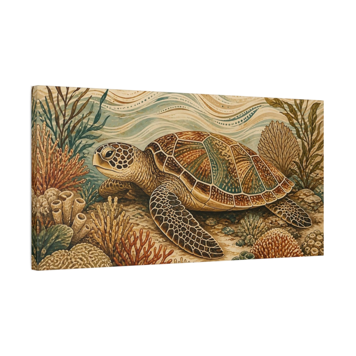 Side Mockup 1. Animals Sea Turtle Brown Blue Sea Turtle shown as stretched canvas wall art
