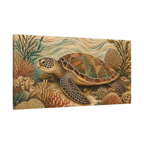 Main Mockup. Animals Sea Turtle Brown Blue Sea Turtle shown as stretched canvas wall art