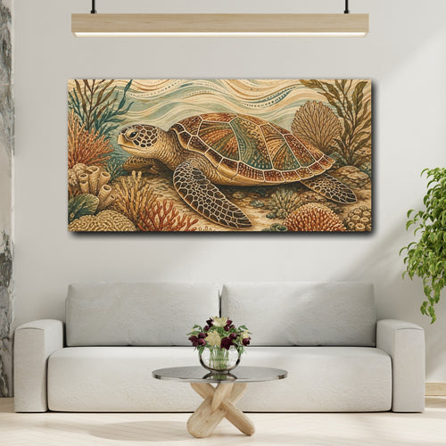 Mockup 2. Animals Sea Turtle Brown Blue Sea Turtle shown as stretched canvas wall art