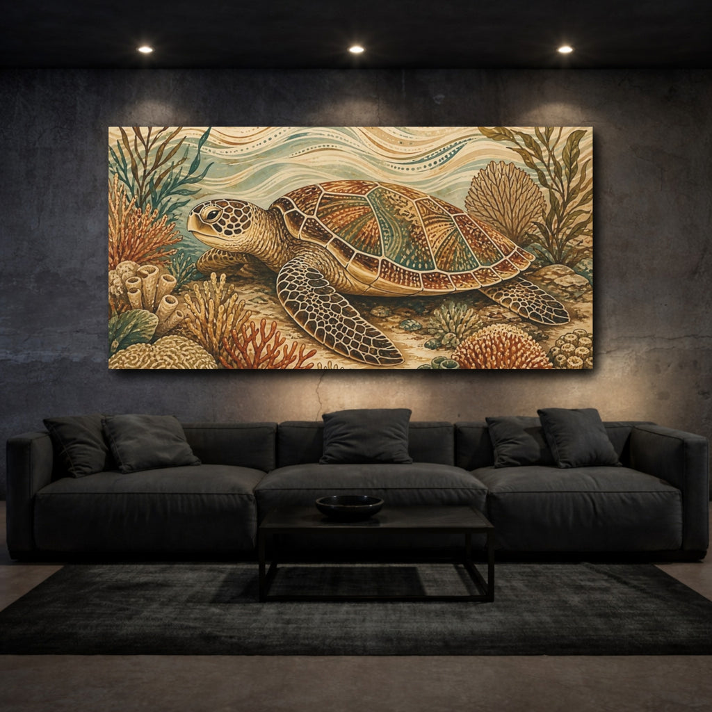 Mockup 3. Animals Sea Turtle Brown Blue Sea Turtle shown as stretched canvas wall art