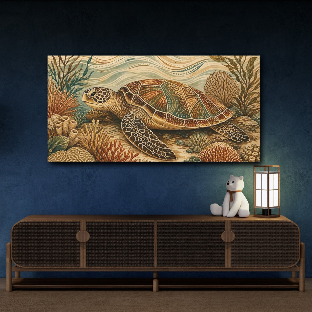 Mockup 4. Animals Sea Turtle Brown Blue Sea Turtle shown as stretched canvas wall art