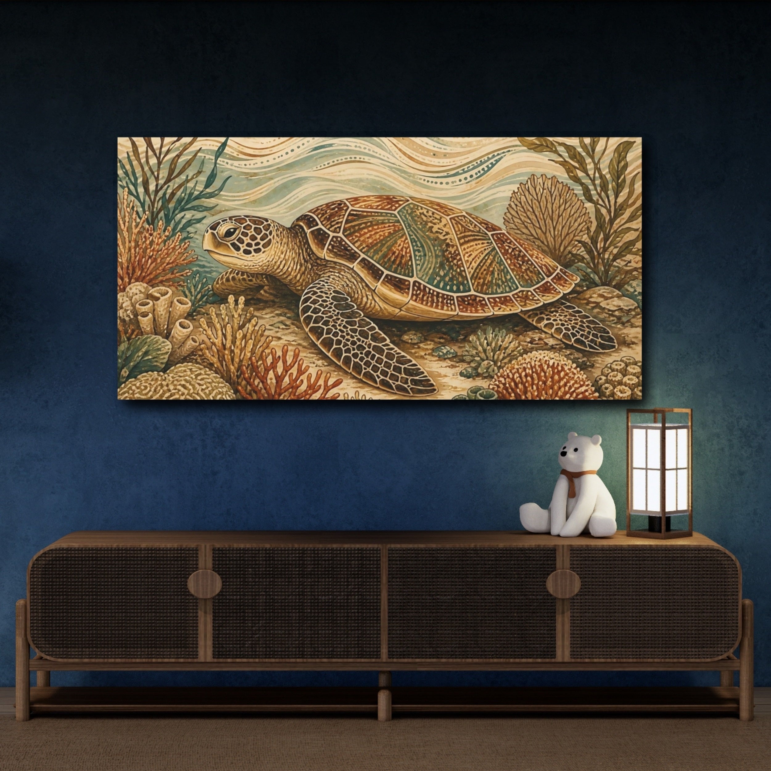 Mockup 4. Animals Sea Turtle Brown Blue Sea Turtle shown as stretched canvas wall art