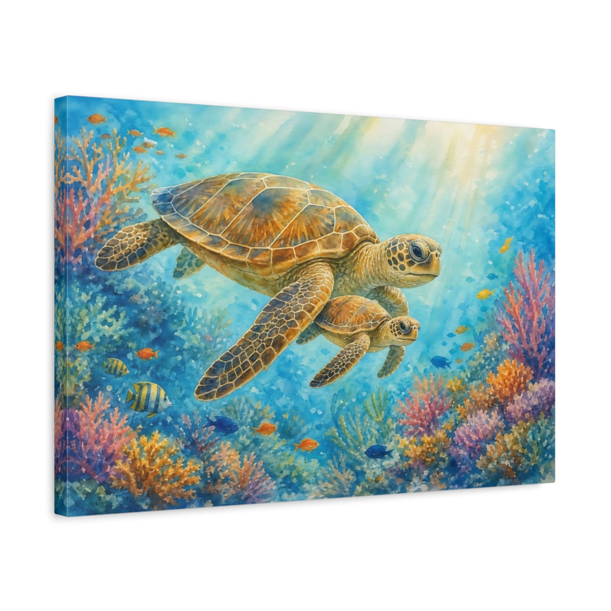 Side Mockup 3. Animals Sea Turtles Underwater Turtles shown as canvas print