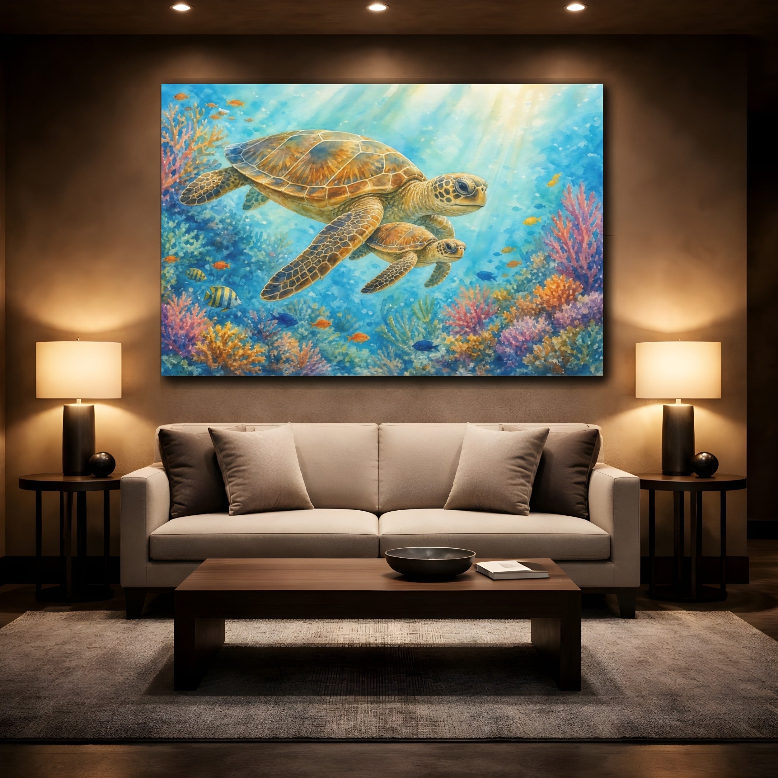Mockup 2. Animals Sea Turtles Underwater Turtles shown as canvas print